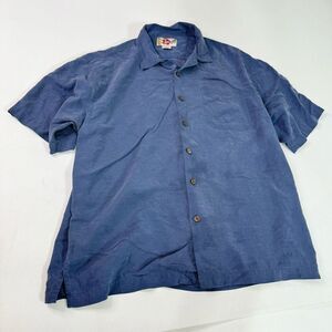 Hilo Hattie Shirt Men Large Blue Silk Button-Down Short-Sleeve Hawaiian Coastal